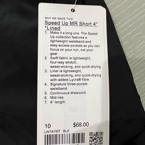 New with tags lululemon Speed up MR short 4 inch lined